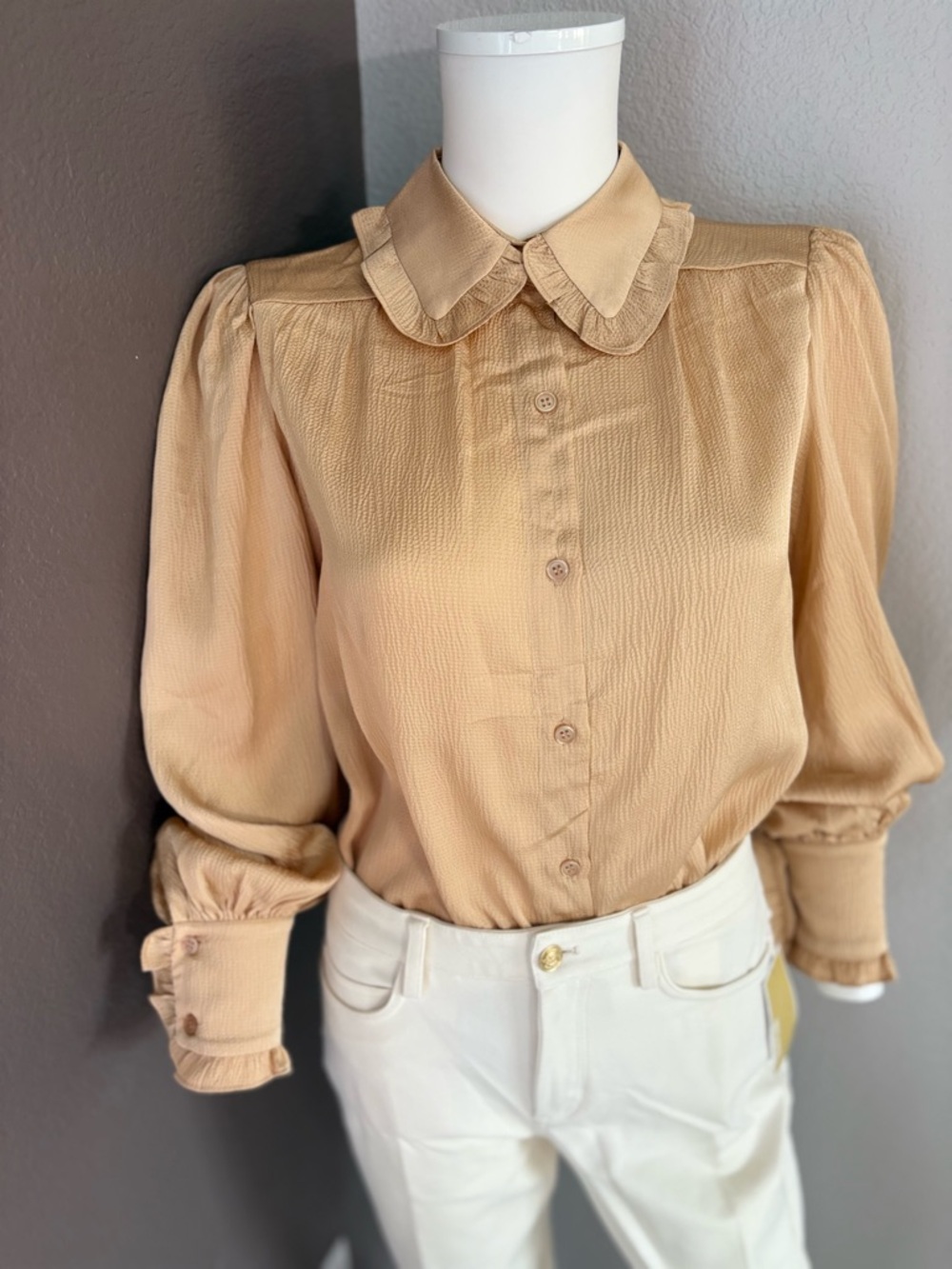 Max Studio Beige Ruffle Collar Button-Front Blouse